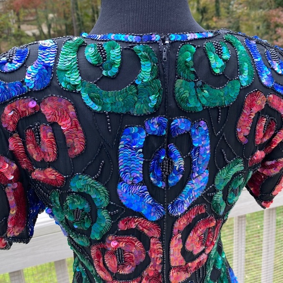 Vintage 80s Beaded Sequin Floral Silk Formal Top - Picture 6 of 13
